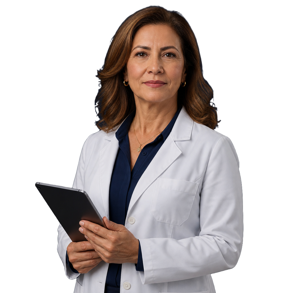 Médica de jaleco branco segurando um tablet
